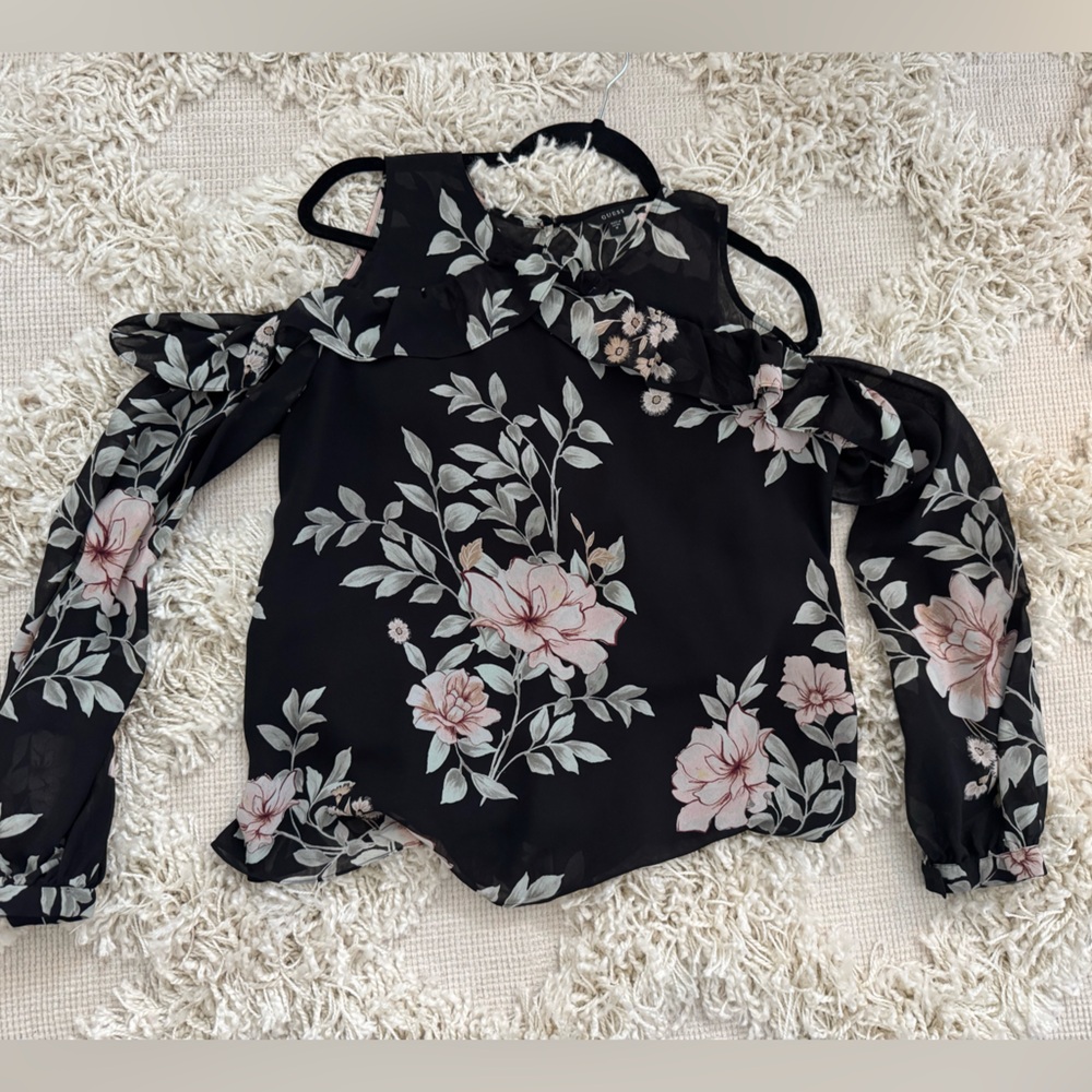 Guess Black Floral Long Sleeve “Cold Shoulder”Blouse